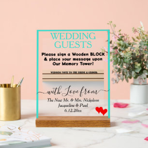 Turquoise Wedding Holz Block Guest Book Hearts Acrylschild