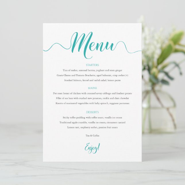 Turquoise Wedding Menu Card 5"x7" Menükarte (Stehend Vorderseite)