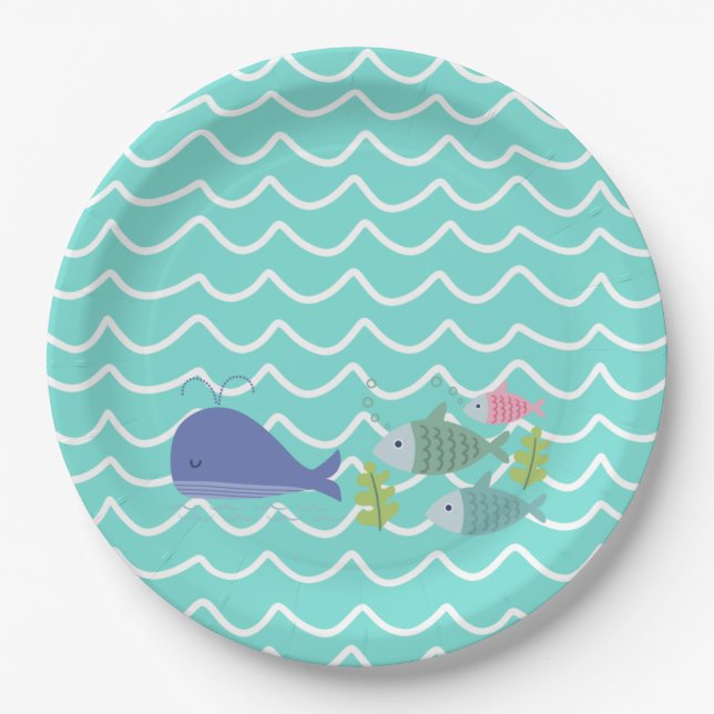 Turquoise Whale & Fishy Paper Plate Pappteller (Vorderseite)