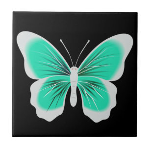 Turquoise white butterfly black background fliese