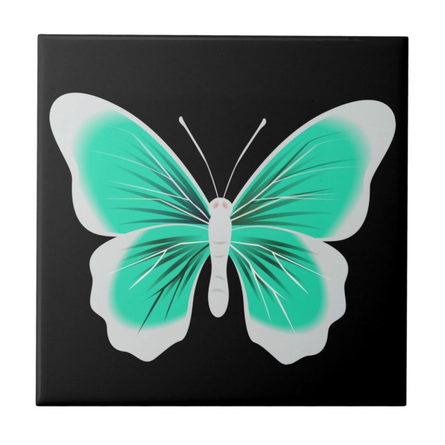 Turquoise white butterfly black background fliese (Vorderseite)