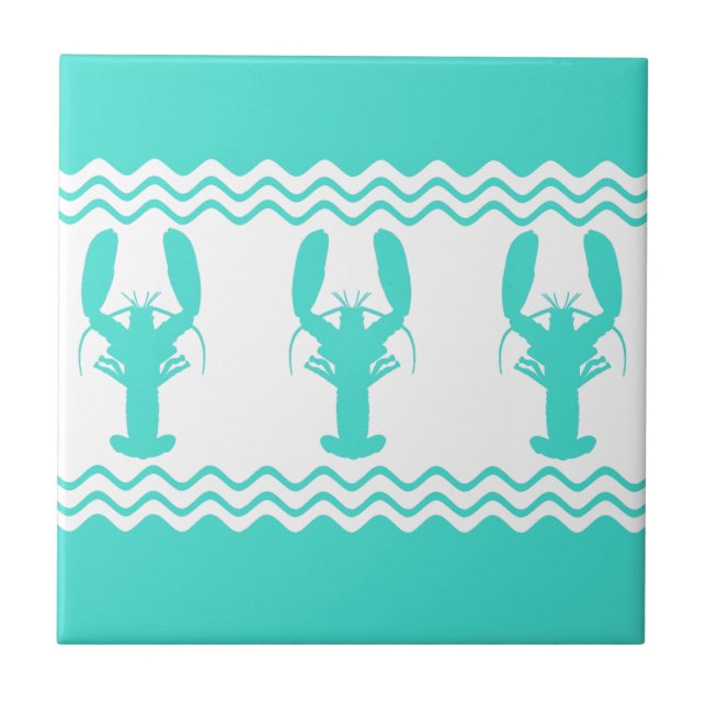 Turquoise White Coastal Lobster Stripes Fliese (Vorderseite)