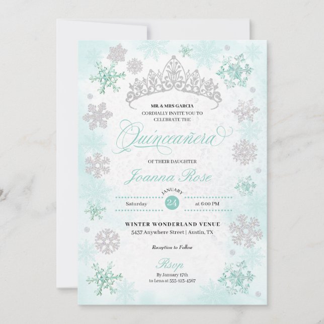 Turquoise Winter Wonderland Snowflake Quinceanera Einladung (Vorderseite)