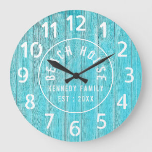 Turquoise Wood Beach House White Large Numbers Große Wanduhr