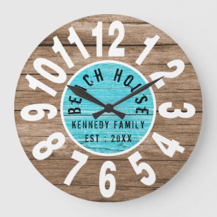 Turquoise Wood Brown Beach House White Big Numbers Große Wanduhr
