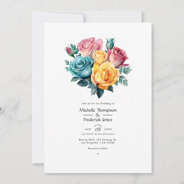 Turquoise, Yellow and Pink Floral Wedding Einladung (Vorderseite)