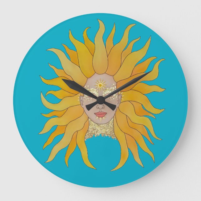 Turquoise yellow gold sun inspired große wanduhr (Vorderseite)