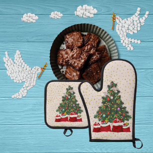 Turteltauben im Weihnachtsgrauen Ofenhandschuh & Topflappen-Set
