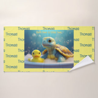 Turtle and Rubber Duck in the Bath Custom Text Badehandtuch
