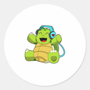Turtle at Music mit Headphone Runder Aufkleber