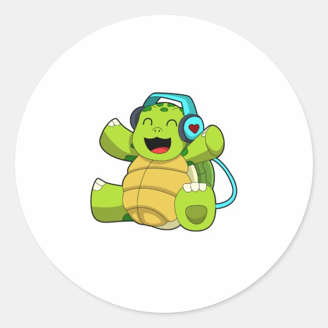 Turtle at Music mit Headphone Runder Aufkleber (Vorderseite)