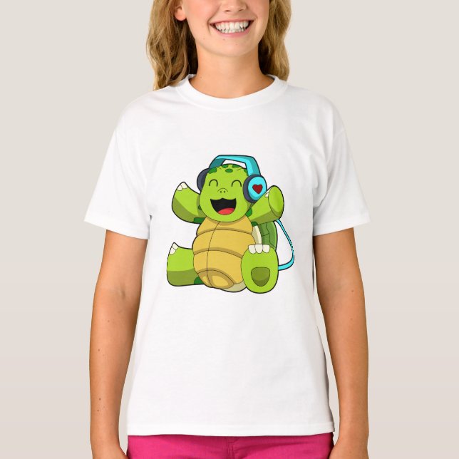 Turtle at Music mit Headphone T-Shirt (Vorderseite)