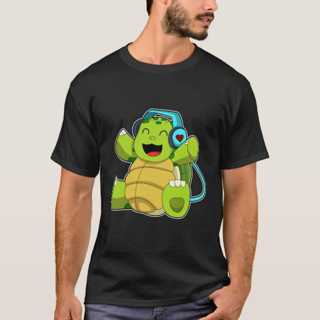 Turtle at Music mit Headphone T-Shirt (Vorderseite)