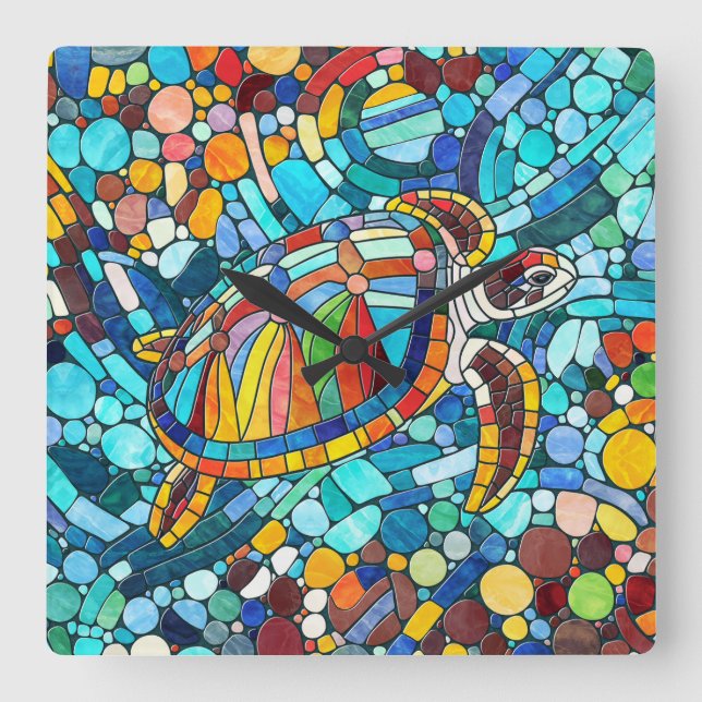 Turtle Colorful Mosaik Art Quadratische Wanduhr (Vorderseite)