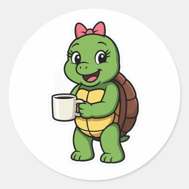 Turtle drinking coffee runder aufkleber (Vorderseite)