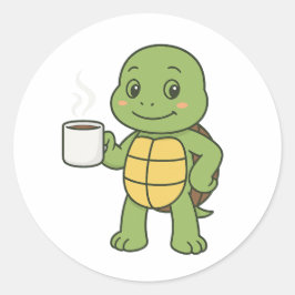 Turtle drinking coffee runder aufkleber