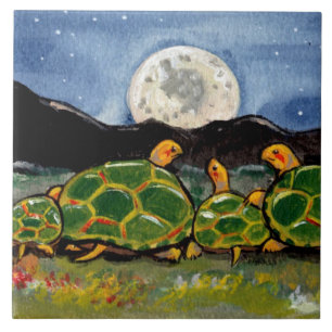 Turtle Family and Moon Night Scene 6" Tile Trivet Fliese