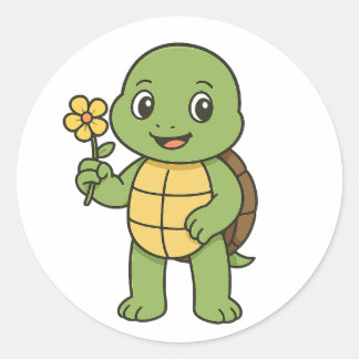 Turtle holding a flower runder aufkleber