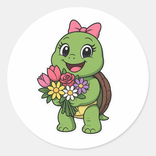 Turtle holding a flowers runder aufkleber (Vorderseite)