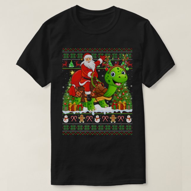 Turtle Lover Funny Ugly Santa Riding Turtle Christ T-Shirt (Design vorne)