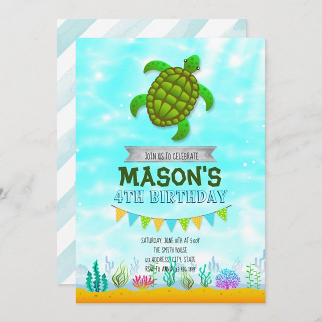 Turtle Party Geburtstagseinladung Einladung (Vorne/Hinten)
