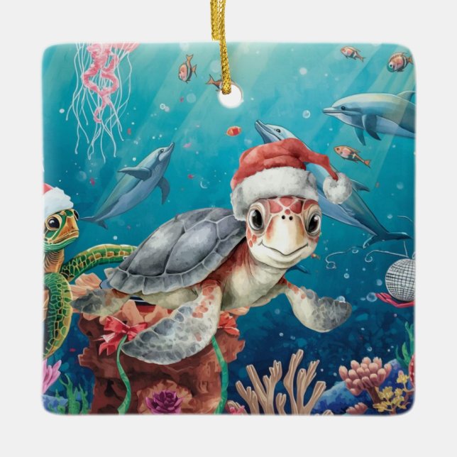 Turtle Santa Hat Under the Sea Christmas Party  Keramikornament (Vorderseite)