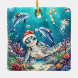Turtle Santa Hat Under the Sea Christmas Party  Keramikornament