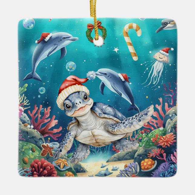 Turtle Santa Hat Under the Sea Christmas Party  Keramikornament (Vorderseite)