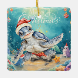 Turtle Santa Hat Under the Sea Christmas Party  Keramikornament