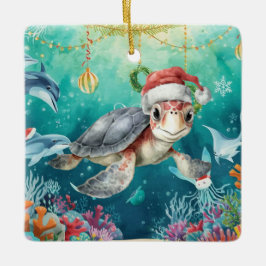 Turtle Santa Hat Under the Sea Christmas Party  Keramikornament