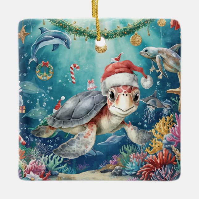 Turtle Santa Hat Under the Sea Christmas Party  Keramikornament (Vorderseite)