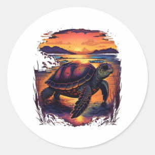 Turtle Sea Ocean Seashore Tropical Beach Sunset Runder Aufkleber