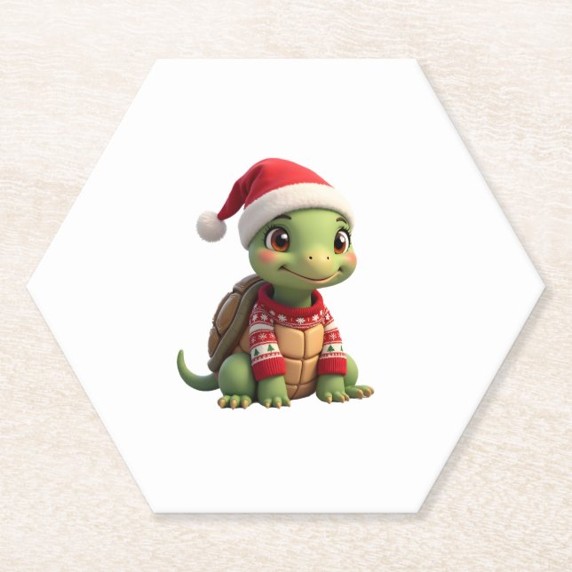 Turtle Ugly Sweater Santa Hat Christmas T-Shirt (2 Untersetzer (Vorderseite)
