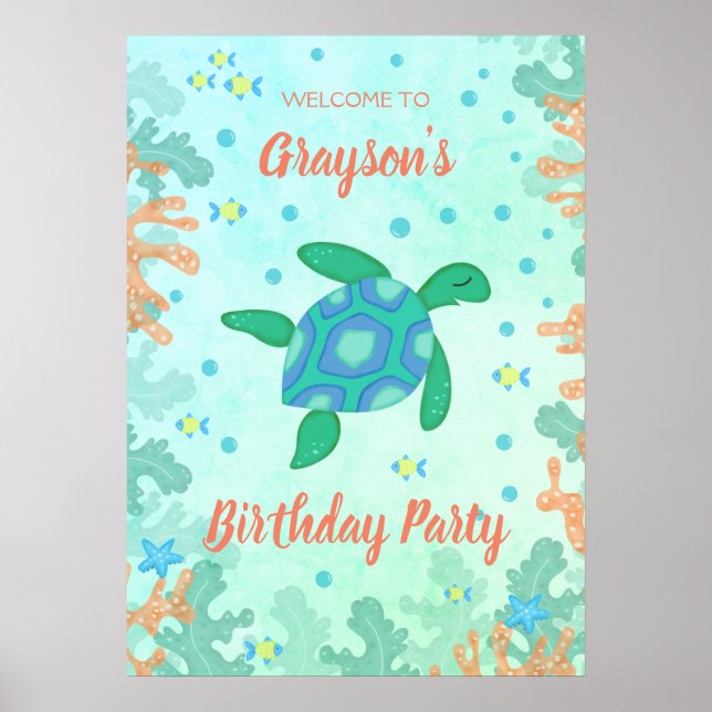 Turtle Under Sea Birthday Party Poster (Vorne)