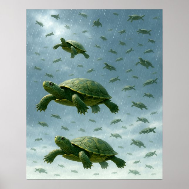 Turtle Wall Art, Happy Turtle in Rain Art Poster (Vorne)