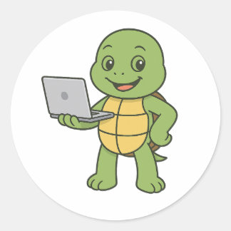 Turtle working on laptop runder aufkleber
