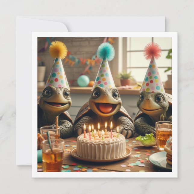 Turtles celebrating birthday with cake and hats einladung (Vorderseite)