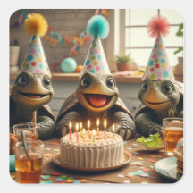Turtles celebrating birthday with cake and hats