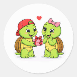 Turtles exchanging a gift of love runder aufkleber