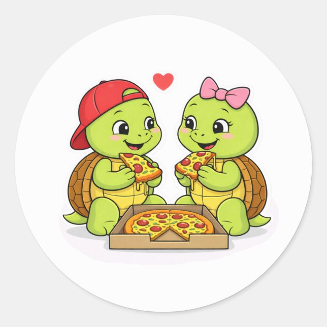 Turtles sharing pizza and smiles runder aufkleber (Vorderseite)