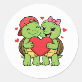 Turtles with heart in hand runder aufkleber
