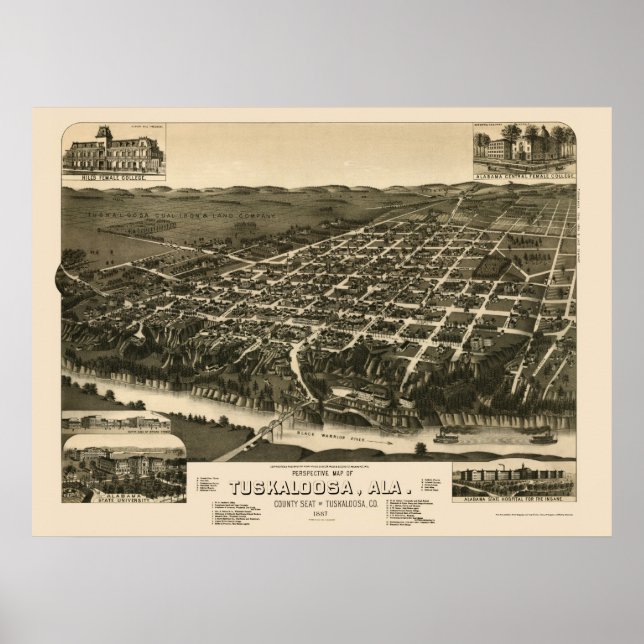Tuscaloosa, AL Panorama Karte - 1887 Poster (Vorne)
