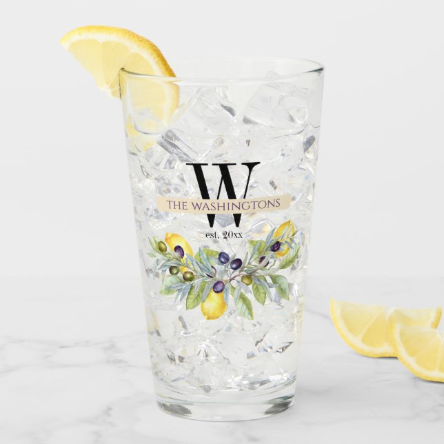 Tuscan Lemons Olive Monogram Name Drinken Glas (Vorderseite Ice)