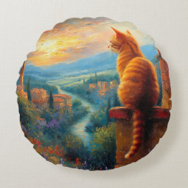 Tuscan Sunset with a Ginger Cat Rundes Kissen