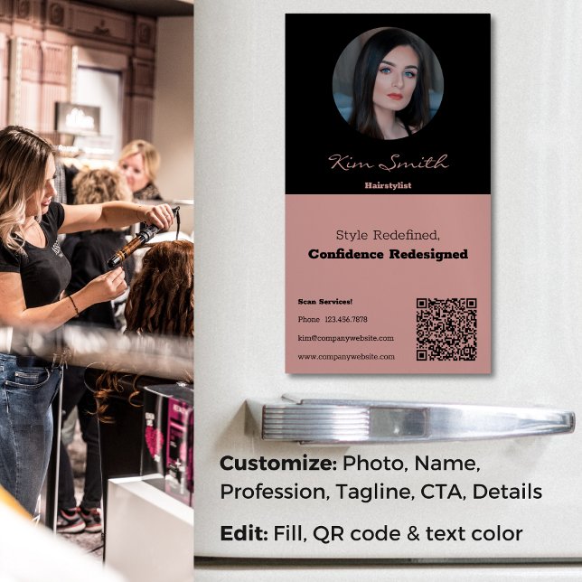 Tuscany & Black Beruflich Hair Stylist QR Code Magnetische Visitenkarte (Tuscany & Black Professional Hair Stylist QR Code Business Card Magnet, Tagline, CTA, Profile Photo)