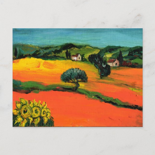TUSCANY LANDSCAPE WITH SUNFLOWERS IN RED ORANGE EINLADUNGSPOSTKARTE (Vorderseite)