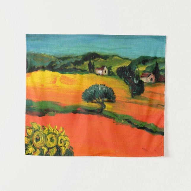 TUSCANY LANDSCAPE WITH SUNFLOWERS IN RED ORANGE WANDTEPPICH (Vorderseite (Horizontal))