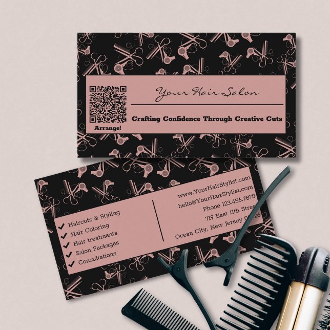 Tuscany Pink & Black QR Code Friseur Salon Visitenkarte (Tuscany Pink & Black QR Code Hair Salon Business Card)