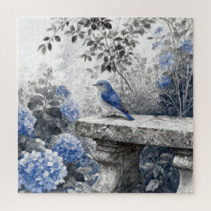 Tuscheblaue Vögel auf einer Steinbank im Garten Puzzle
