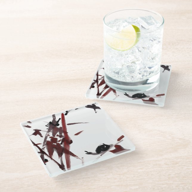 Tuschekunst mit Schnecke und Rotem Bambus Glasuntersetzer (Schrägansicht)